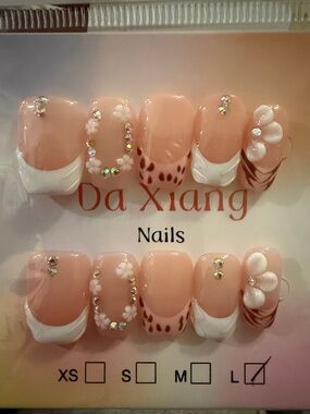 Nude Pink French Tip handmade acrylic Press-On Nails with White Floral Accents